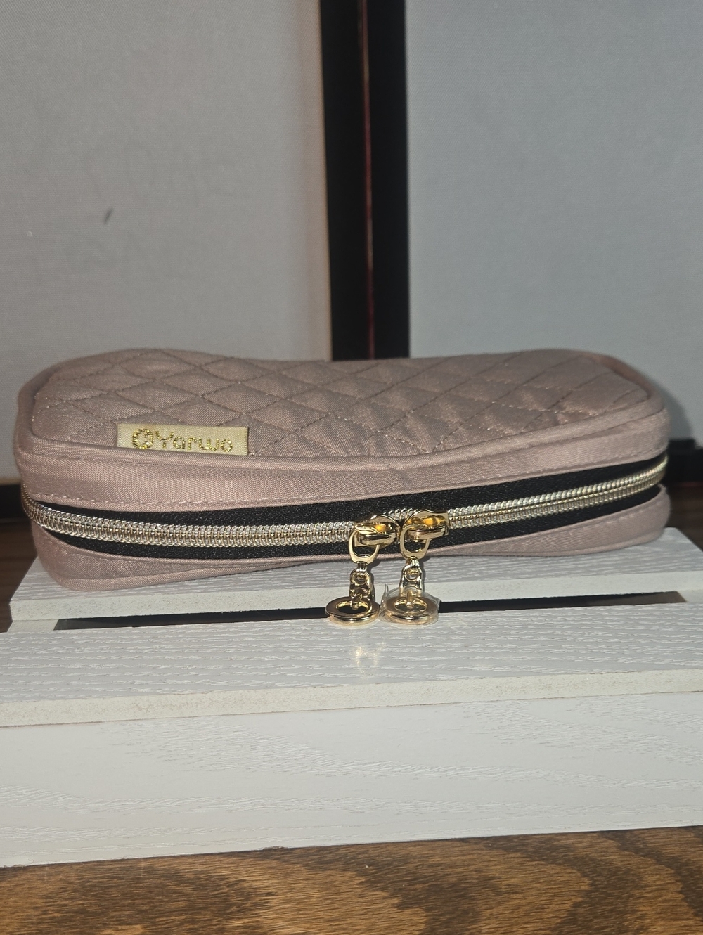 Quilted Cosmetic Case in Dusty Rose with Gold Hardware